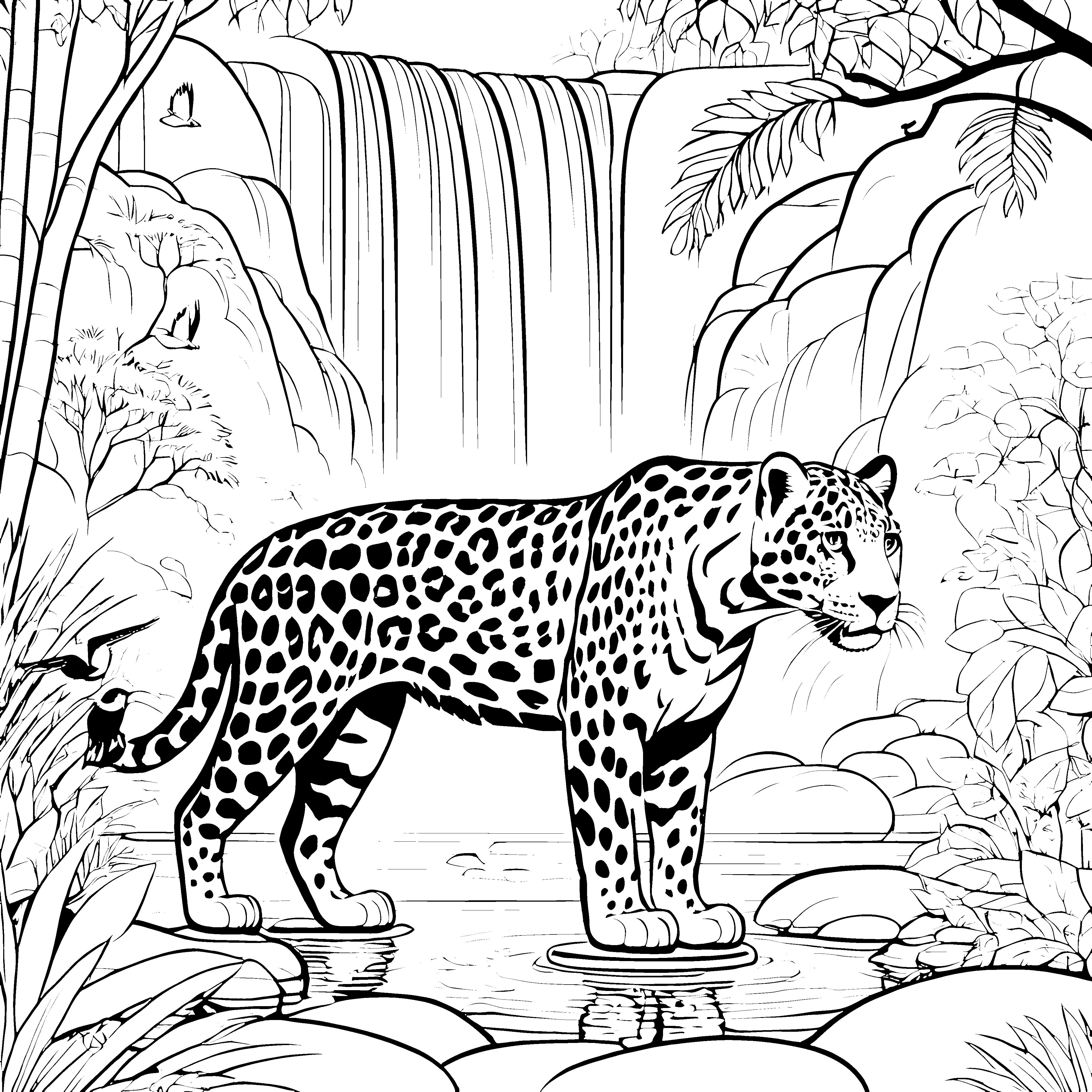 Majestätischer Jaguar am rauschenden Wasserfall Ausmalmotiv für abenteuerlustige Naturfreunde