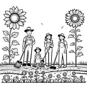 Familie bei der bunten Ernte Malvorlage für fleißige Gartenfreunde