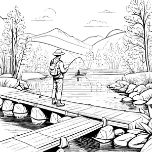 Faszinierender Angler auf der Holzbrücke Malvorlage für kleine Abenteuerer