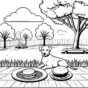 Leckere Hamburger im Garten mit neugierigem Hund Ausmalvorlage für kreative Feinschmecker