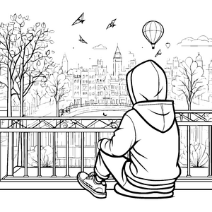 Entspannter Ausblick vom Balkon über die Stadt Ausmalvorlage für kreative Träumer