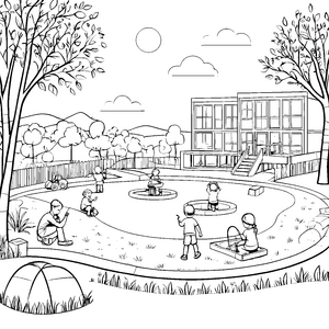 Lebhafte Spielszenen im Kindergarten Ausmalbild für kleine Kreativlinge