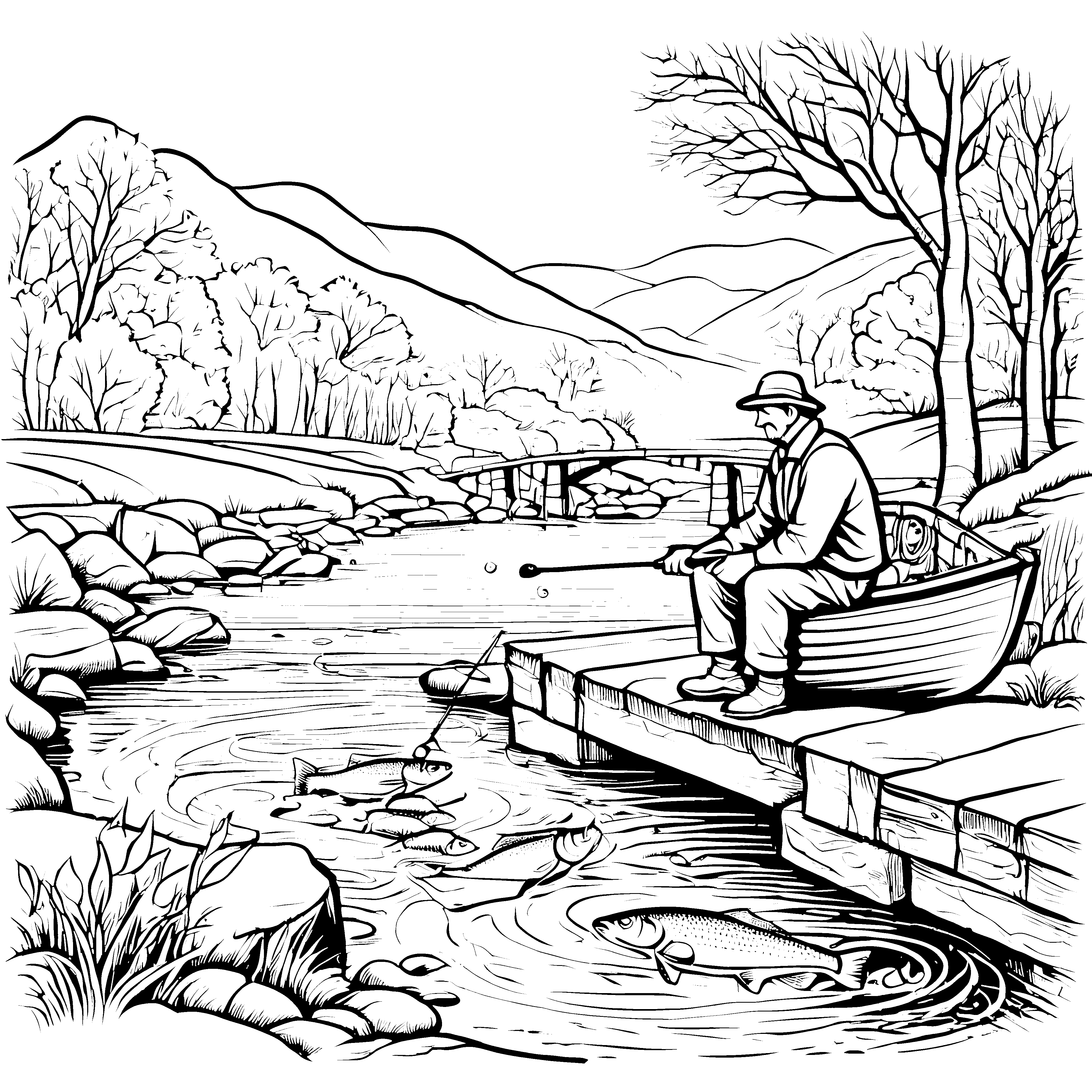 Kreativer Fischer am ruhigen Fluss Malvorlage für kleine Naturentdecker