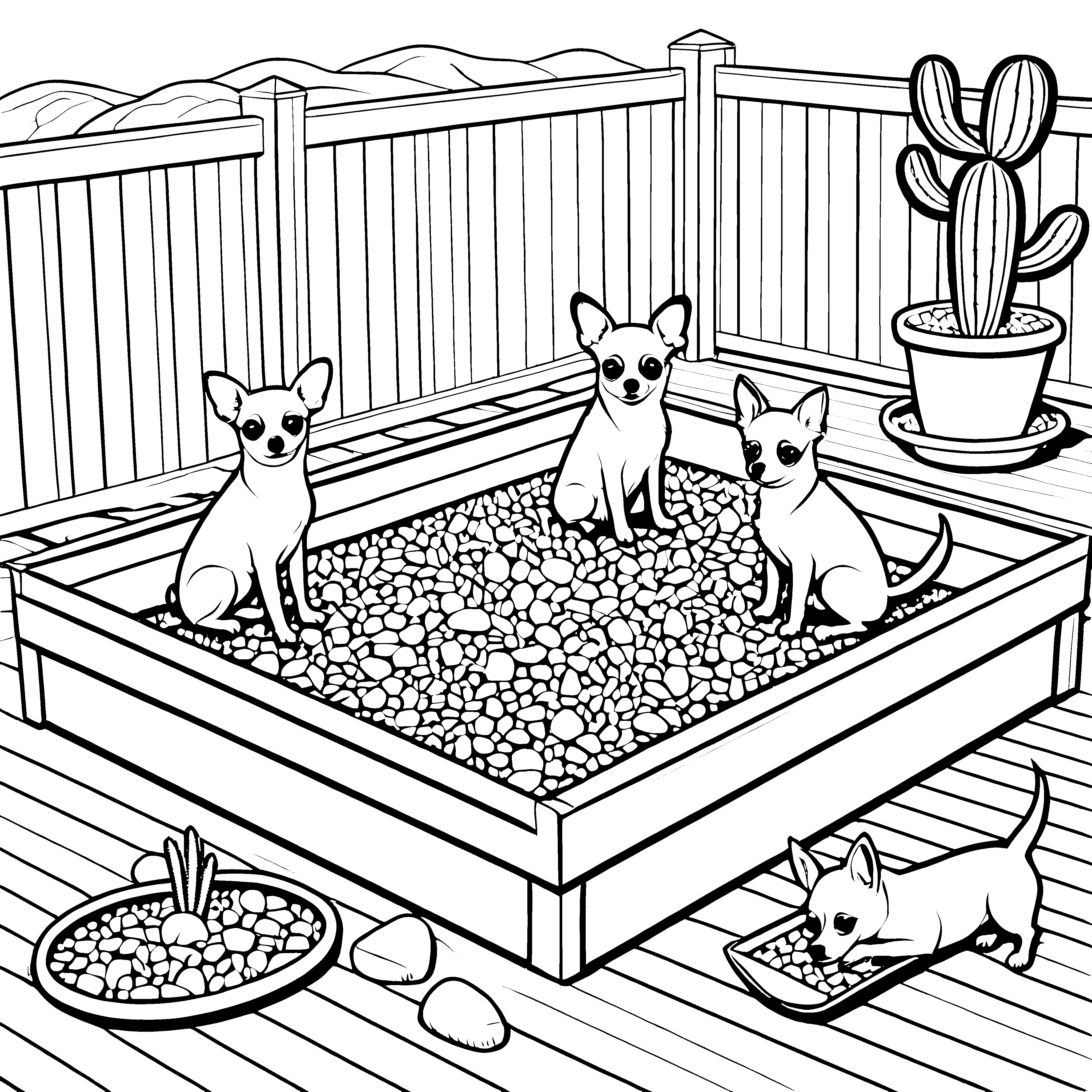 Verspielte Chihuahuas im bunten Steingarten Ausmalvorlage für kreative Tierfreunde