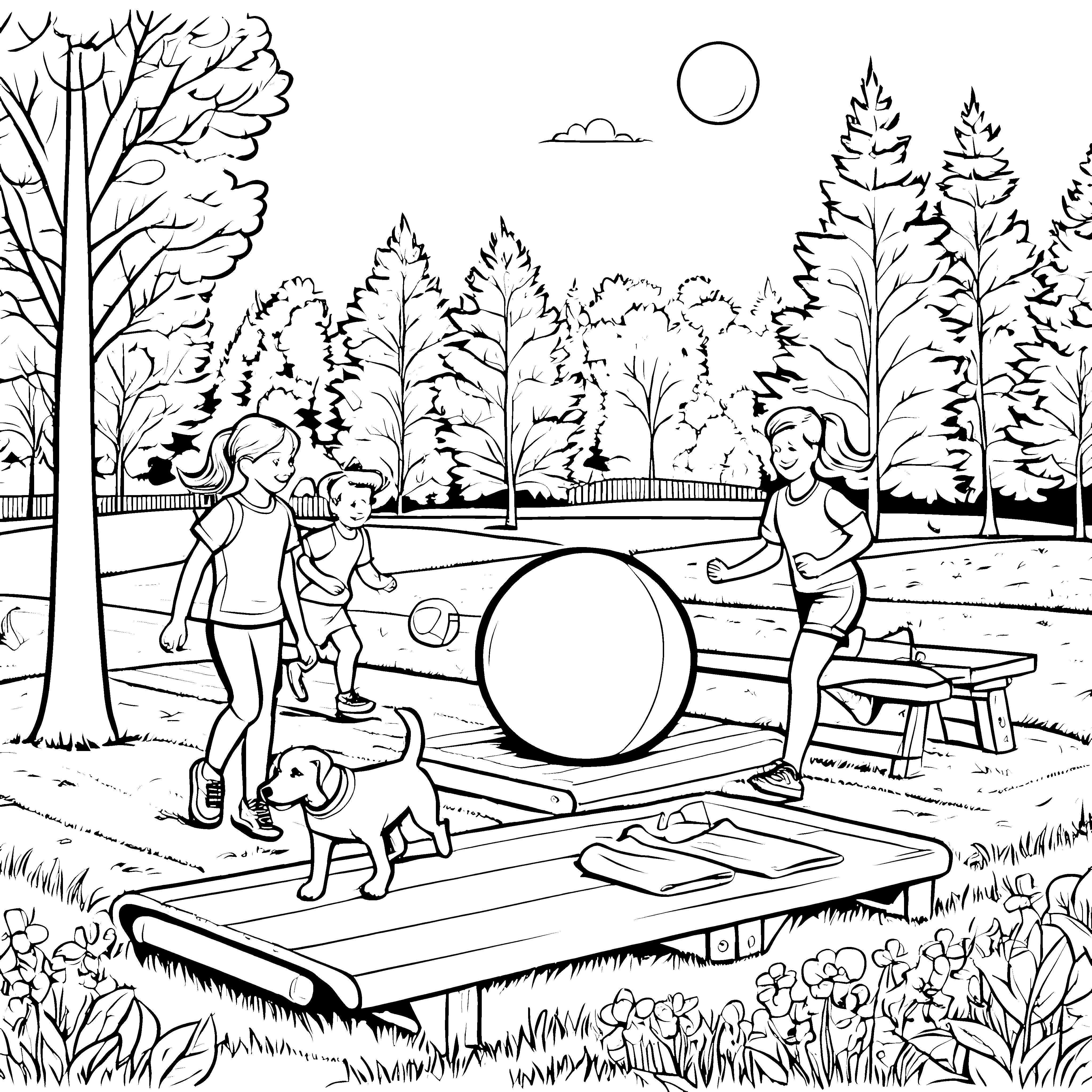 Medizinballspiel mit fröhlichen Kindern Ausmalvorlage für aktive Abenteurer
