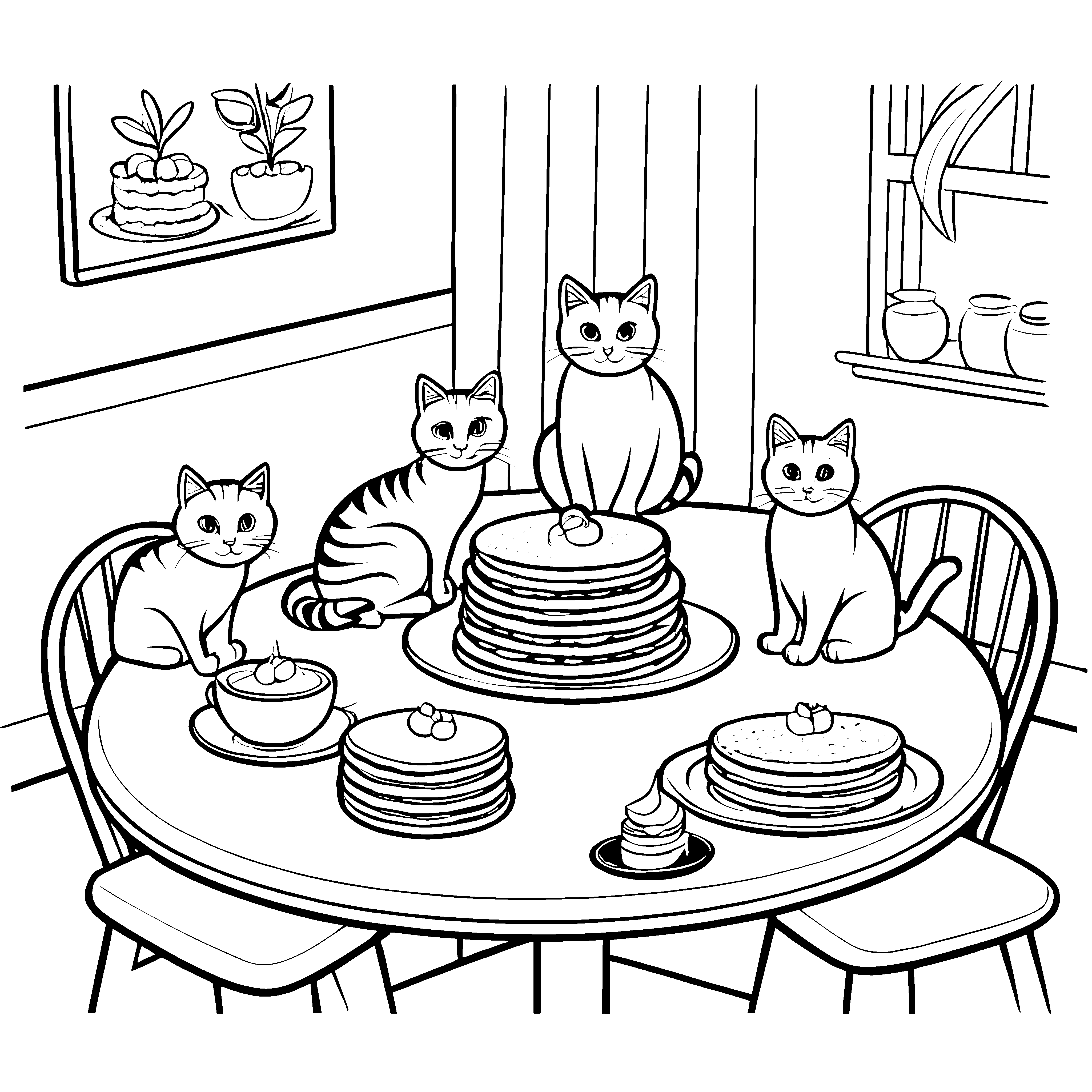 Süße Katzenrunde mit köstlichen Pfannkuchen Ausmalvorlage für fröhliche Tierliebhaber