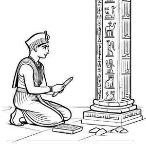 Geheimnisvoller Ägypter beim Hieroglyphen-Stempeln Ausmalbild für kleine Entdecker