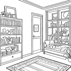 Gemütlicher Bücherschrank mit knuddeligem Kissen Ausmalbild für junge Weltenbummler