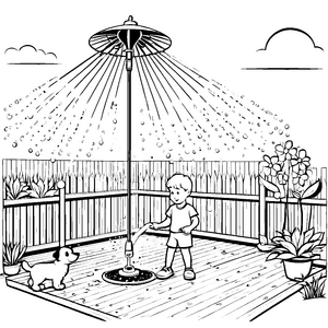 Spritziger Rasensprenger mit fröhlichem Kind Ausmalvorlage für kleine Gartenabenteurer