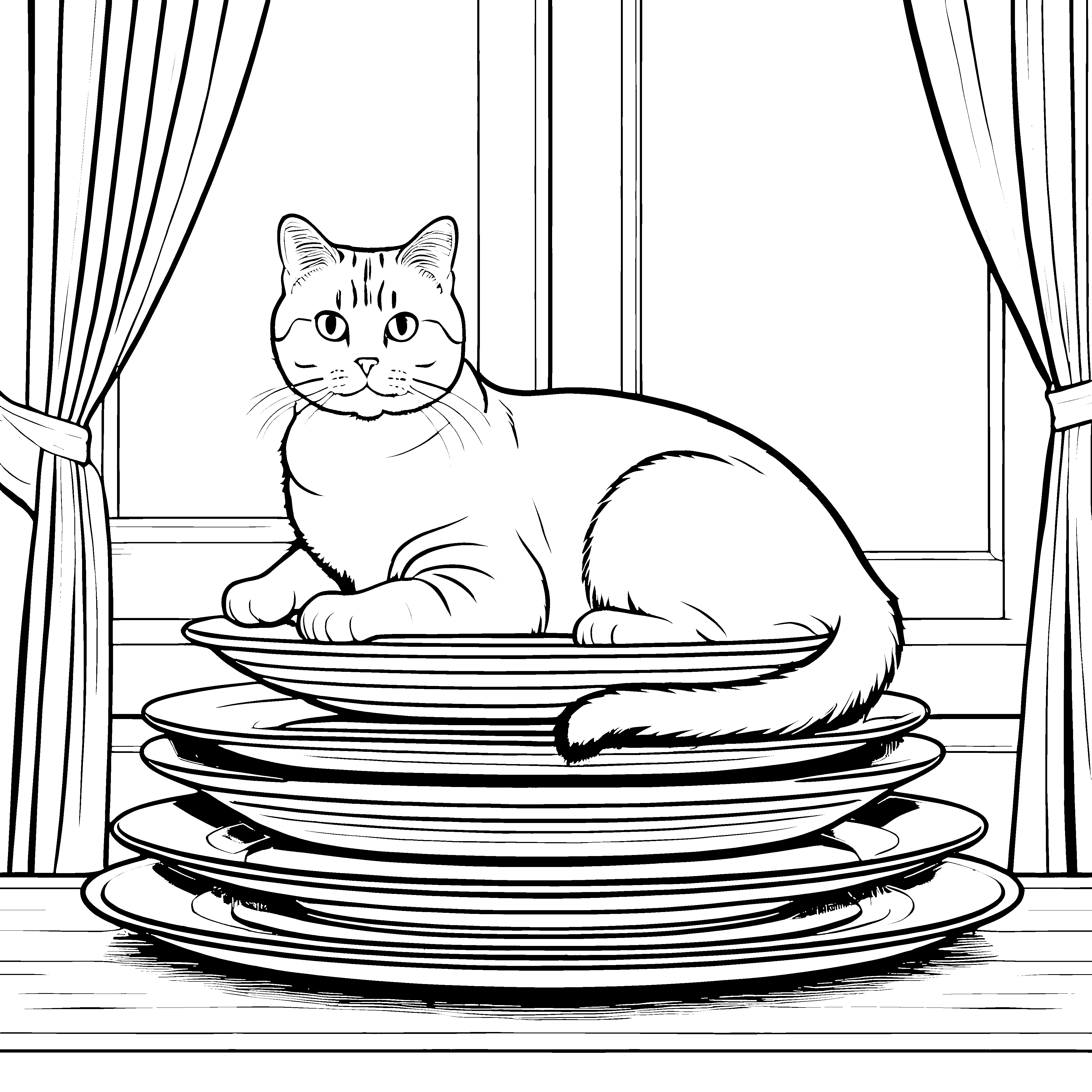 Charmante Katze auf einem Geschirrstapel Ausmalvorlage für neugierige Entdecker