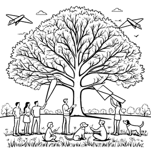 Sommerliche Abenteuer unter grünem Baum Ausmalvorlage für kreative Entdecker