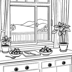 Fröhliche Erdbeeren auf dem Küchenfenster Ausmalbild für kleine Obstliebhaber