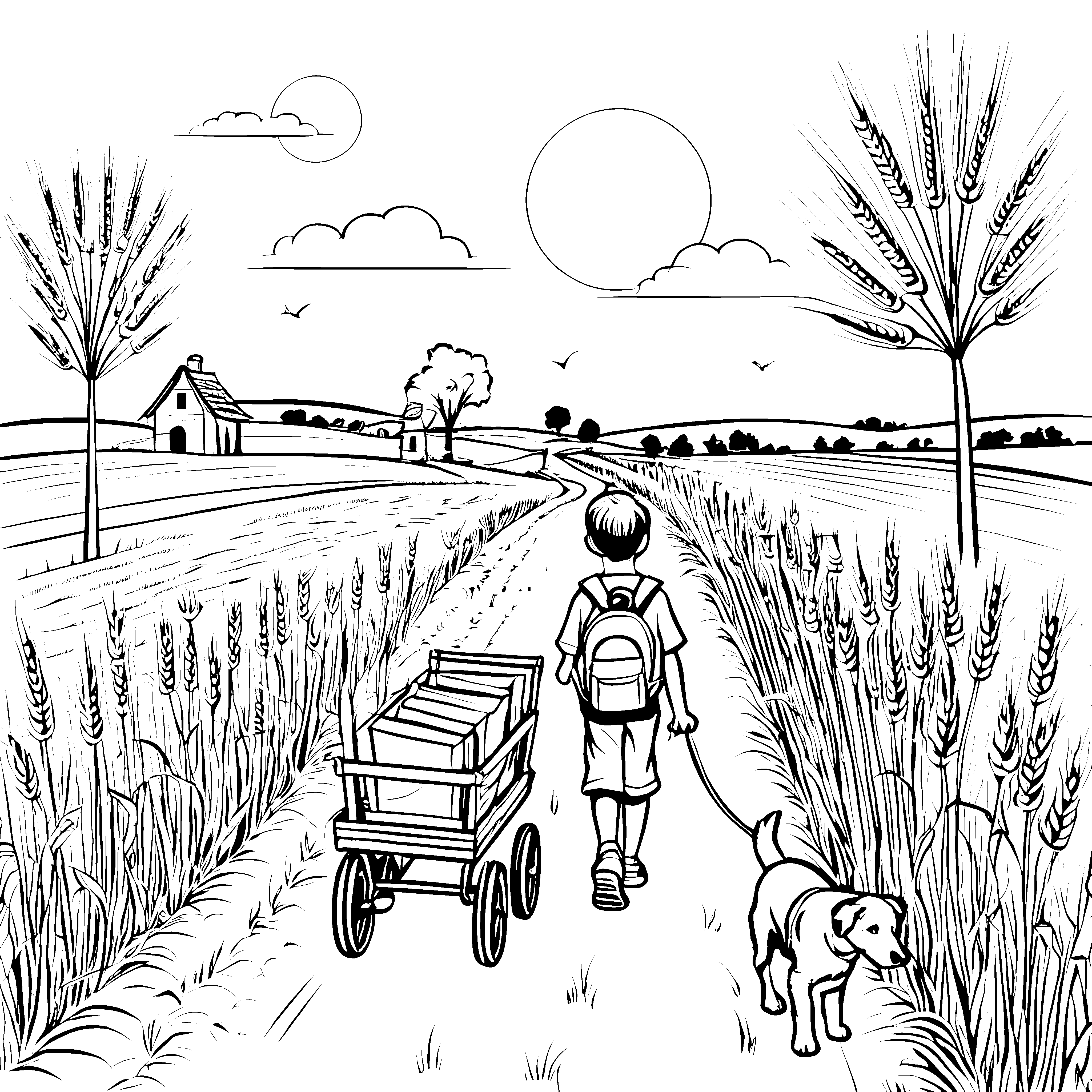 Idyllische Landstraße mit fröhlichem Jungen und Hund Ausmalbild für kleine Abenteurer