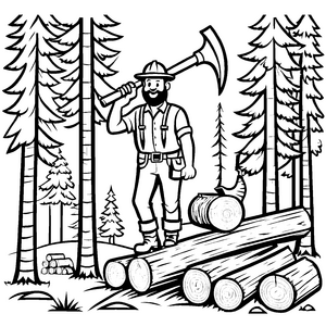 Abenteuerlicher Holzfäller mit großer Axt Ausmalmotiv für junge Naturentdecker