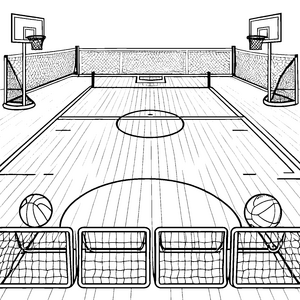 Bunte Basketball-Arena mit inspirierten Bällen Ausmalvorlage für sportliche Entdecker