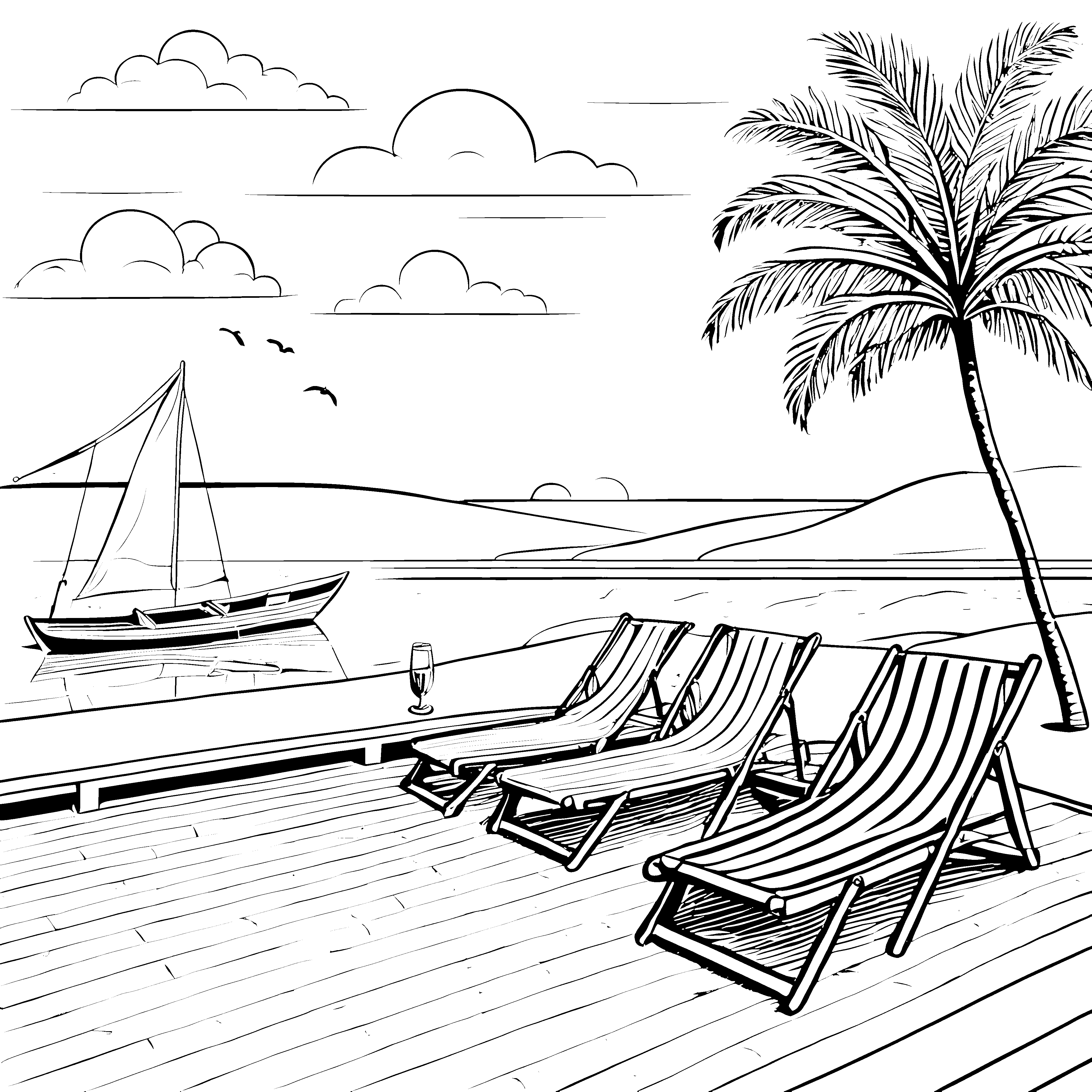 Entspanntes Sonnenbad auf der Terrasse Ausmalbild für kleine Traumfänger