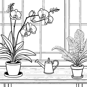 Prächtige Orchideen in gemütlicher Fensterbank Ausmalvorlage für botanische Entdecker