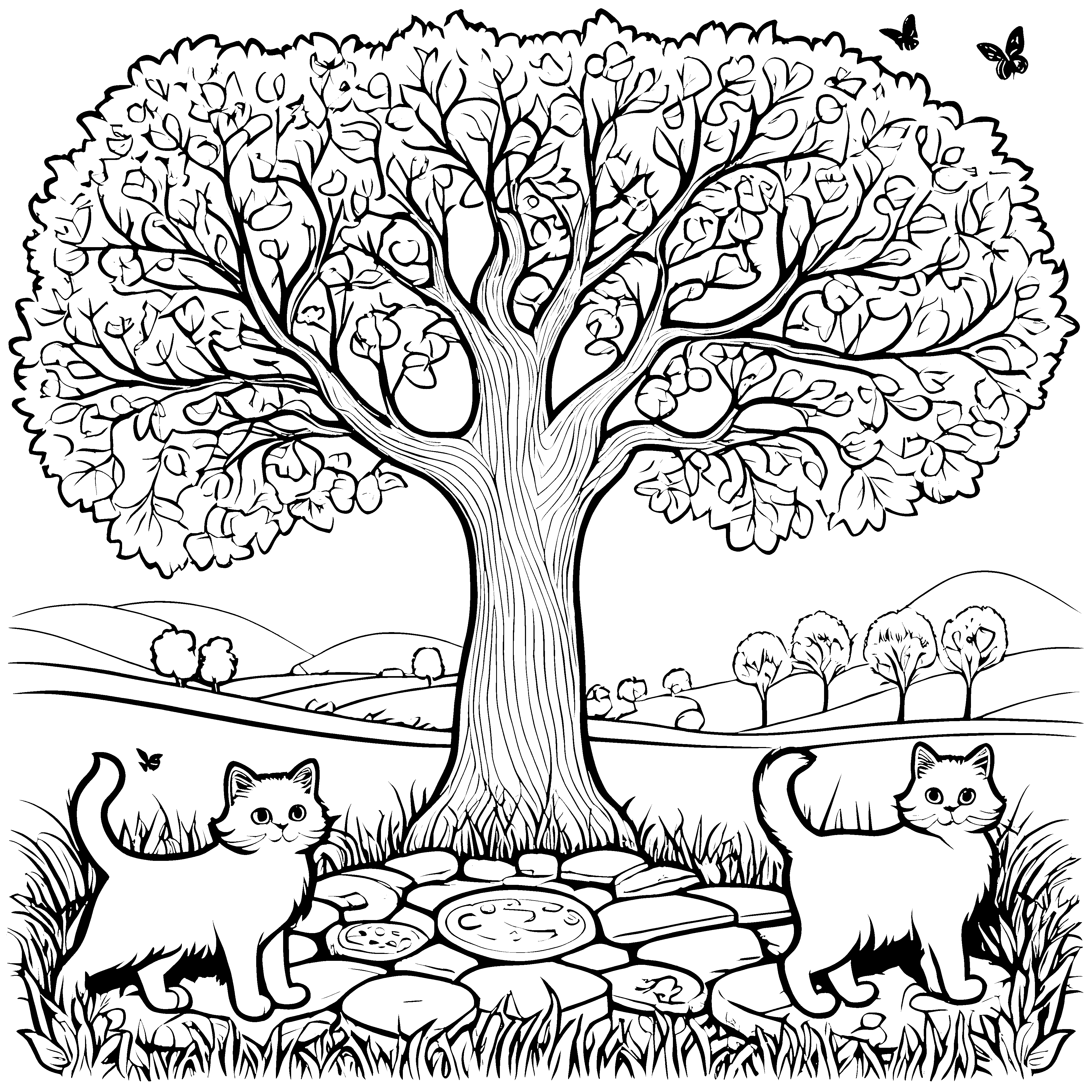 Zwei verspielte Perserkatzen unter großem Baum Ausmalbild für kleine Tierliebhaber