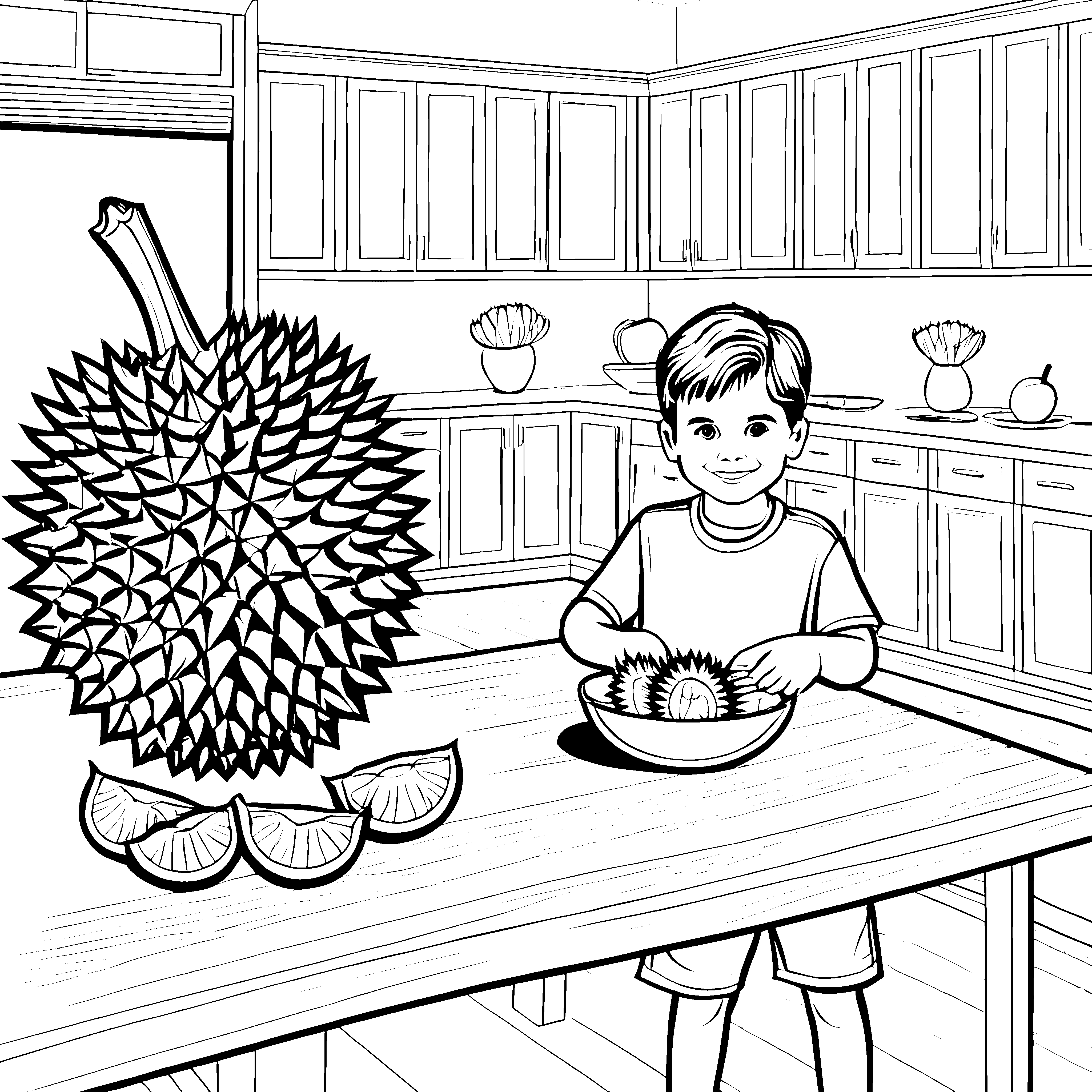 Kreativer Junge mit exotischer Durian beim Fruchteschneiden Ausmalvorlage für neugierige Entdecker