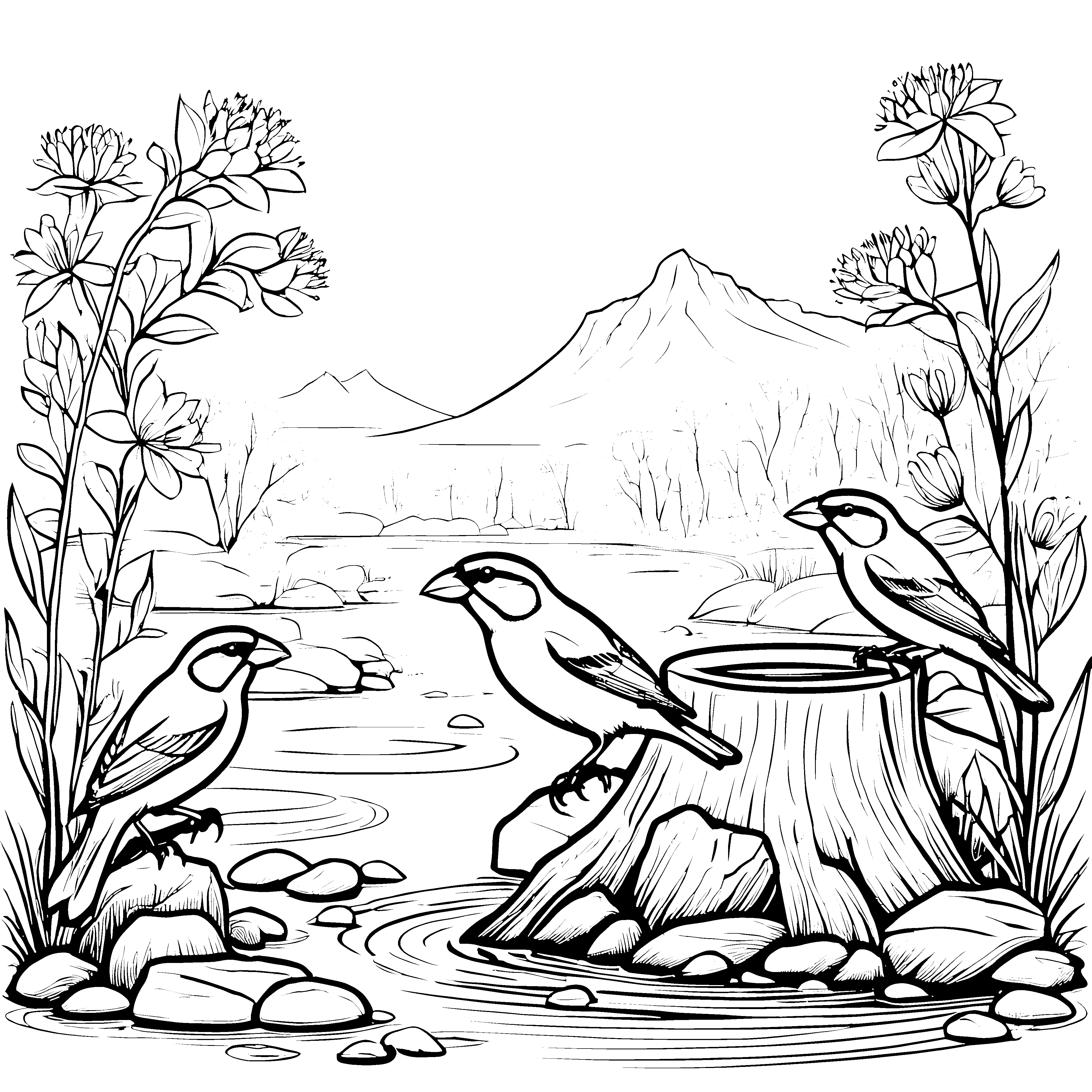 Zwei fröhliche Vögel am Wasserloch Ausmalbild für kleine Tierfreunde
