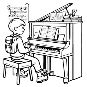 Talentierter Junge spielt fröhliche Melodien am Klavier Ausmalbild für musikalische Entdecker