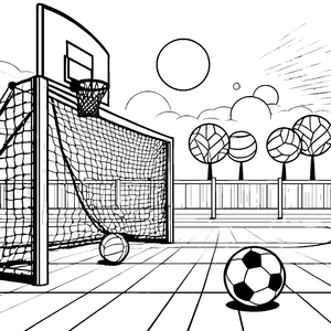 Bunte Ballsport-Arena mit vielfältigen Bällen Ausmalbild für aktive Träumer