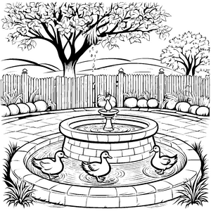 Fröhliche Enten am sprudelnden Brunnen Ausmalbild für kleine Wasserliebhaber