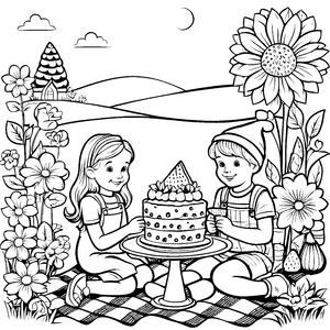 Fröhliche Kinder beim Kuchenfest Ausmalvorlage für kleine Genussfanatiker