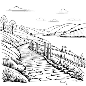 Gemütlicher Wanderweg entlang malerischem Zaun Ausmalbild für kleine Naturforscher