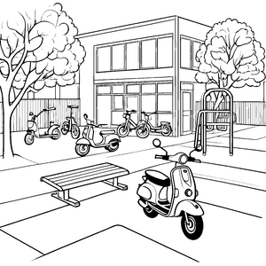 Rasantes Moped-Abenteuer auf lebhaftem Spielplatz Ausmalvorlage für kreative Entdecker