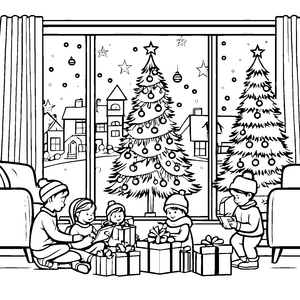 Fröhliche Kinder beim Geschenkeauspacken Ausmalbild für kreative Weihnachtsfreunde