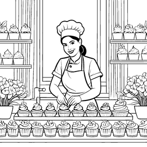 Kreative Konditorin bei der Cupcake-Dekoration Ausmalbild für kleine Meisterbäcker
