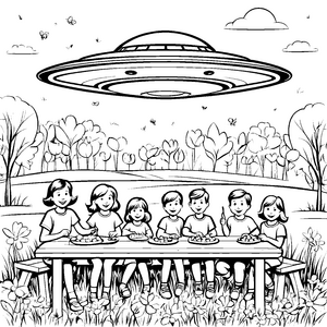 Spannendes UFO über fröhlichem Picknick Ausmalbild für abenteuerlustige Entdecker