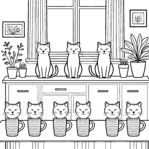 Gähnende Katzen bei fröhlicher Kaffeepause Ausmalmotivation für gemütliche Kreative