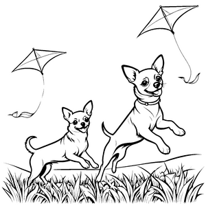 Fröhliche Chihuahuas tollen unter bunten Drachen Malvorlage für lebhafte Entdecker