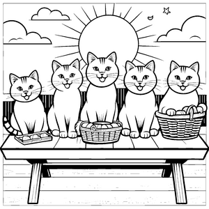 Gähnende Katzen laden zum Spielen ein Ausmalbild für neugierige Katzenfreunde