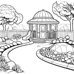 Einladender Spielplatz mit Rutsche und Garten Ausmalvorlage für kleine Abenteurer