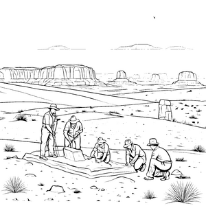 Fünf mutige Archäologen entdecken geheimen Schatz Ausmalvorlage für neugierige Wissensabenteurer