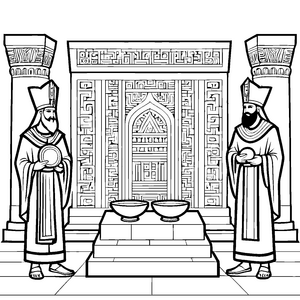 Geheimnisvolle Priester vor antikem Tempel Ausmalbild für junge Geschichtenerzähler