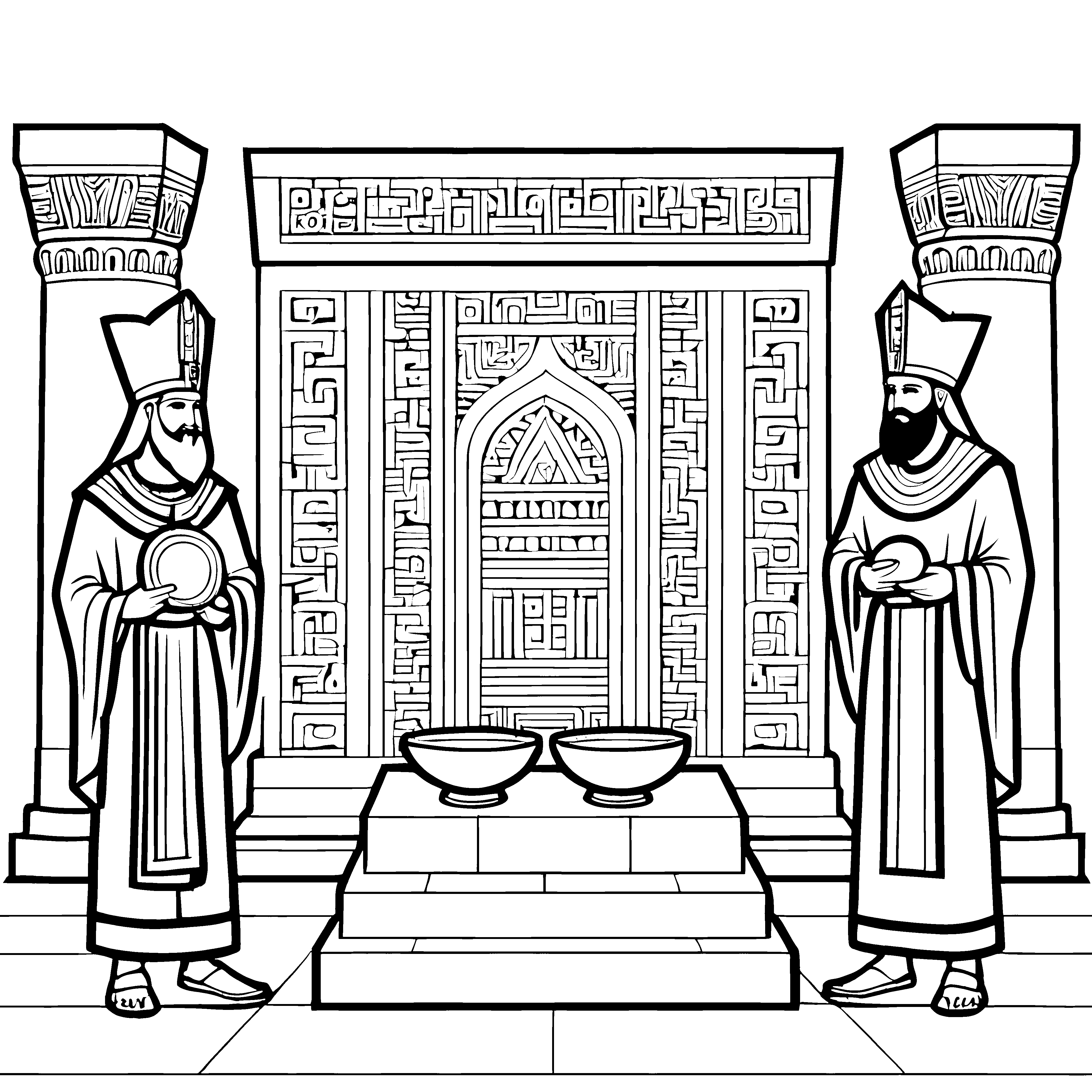 Geheimnisvolle Priester vor antikem Tempel Ausmalbild für junge Geschichtenerzähler