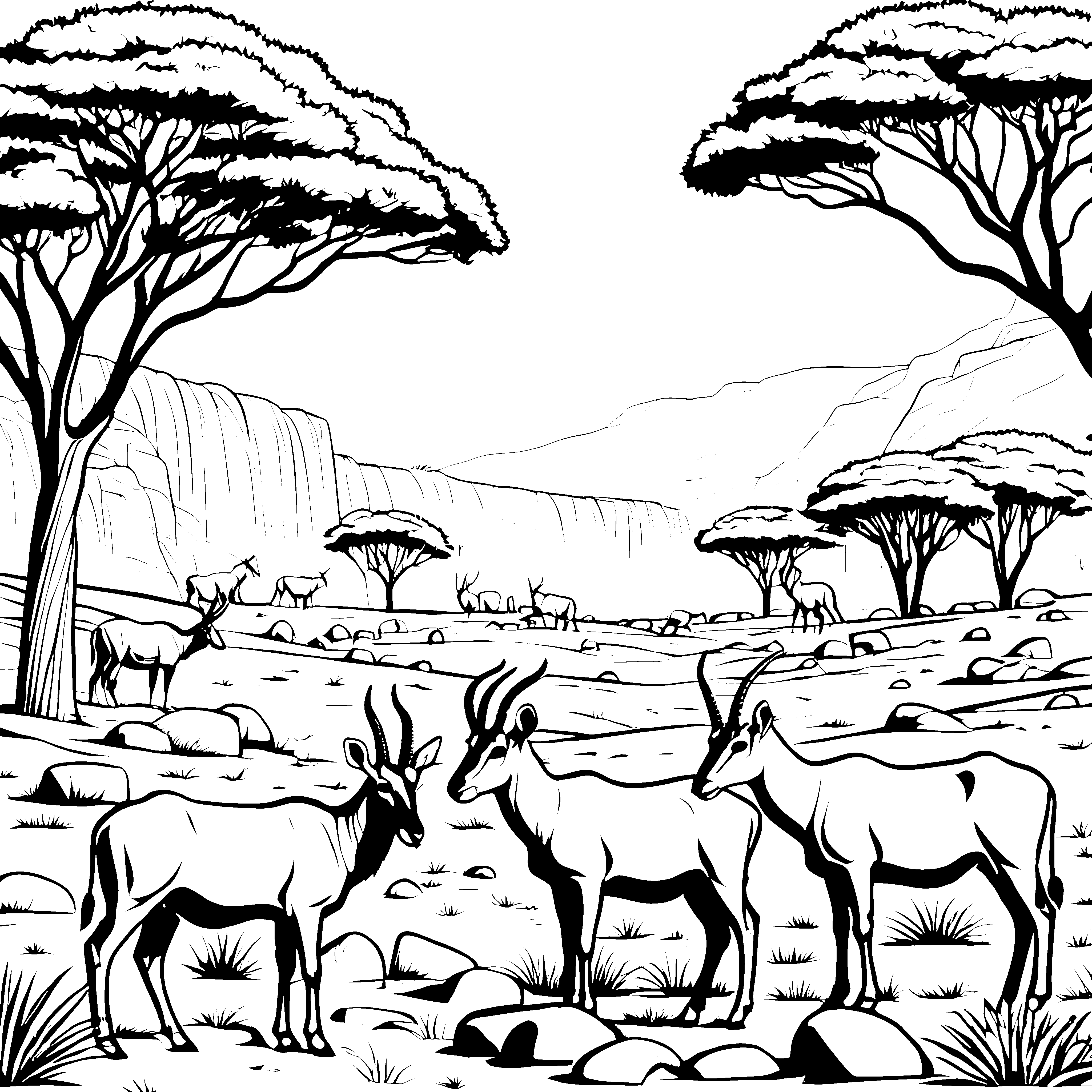 Antilopen in der savannischen Landschaft Ausmalvorlage für neugierige Entdecker