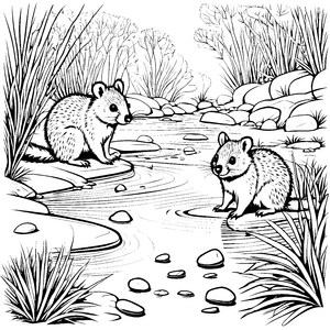 Quokka Babys planschen fröhlich am Bach Ausmalmotiv für kleine Naturentdecker