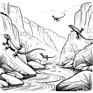 Spritzige Eidechsen beim Abenteuer am Fluss Ausmalbild für neugierige Naturfreunde