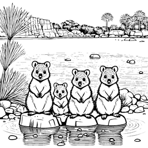 Fröhliche Quokka Babys genießen das kühle Wasser Ausmalvorlage für neugierige Tierliebhaber
