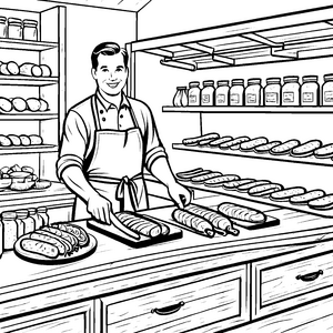 Kreativer Fleischereifachverkäufer an buntem Produktregal Ausmalbild für neugierige Gourmets