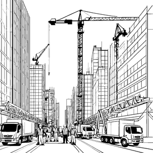 Aktive Bauarbeiter auf der Baustelle Ausmalvorlage für furchtlose Entdecker