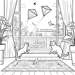 Zwei neugierige Hauskatzen im blühenden Wohnzimmer Ausmalbild für kreative Entdecker