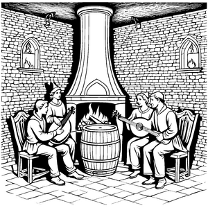 Bezaubernde Bardenmusik am prasselnden Kamin Ausmalvorlage für kreative Musikfreunde
