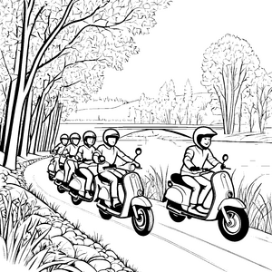 Faszinierende Mopedfahrt entlang malerischem Fluss Ausmalbild für abenteuerlustige Kinder