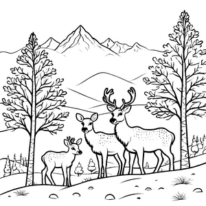 Niedliche Rentierbabys in winterlicher Landschaft Ausmalbild für kreative Naturfreunde
